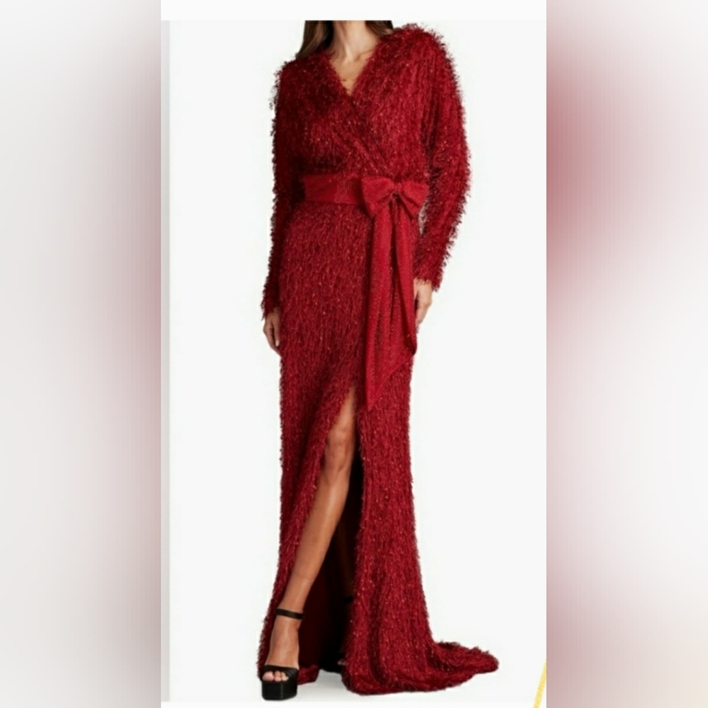 Tadashi Shoji Fringe Evening Gown With Sequined Belt & Bow